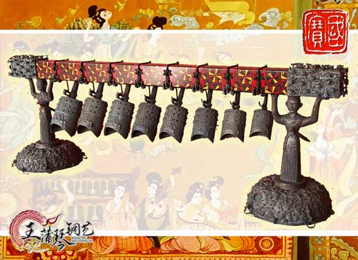 8件古編鐘，銅人銅座裝飾，可發(fā)音